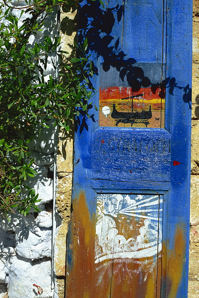 Painted shutter, Chania Old Town, Crete, Greek Islands, Greece, Europe