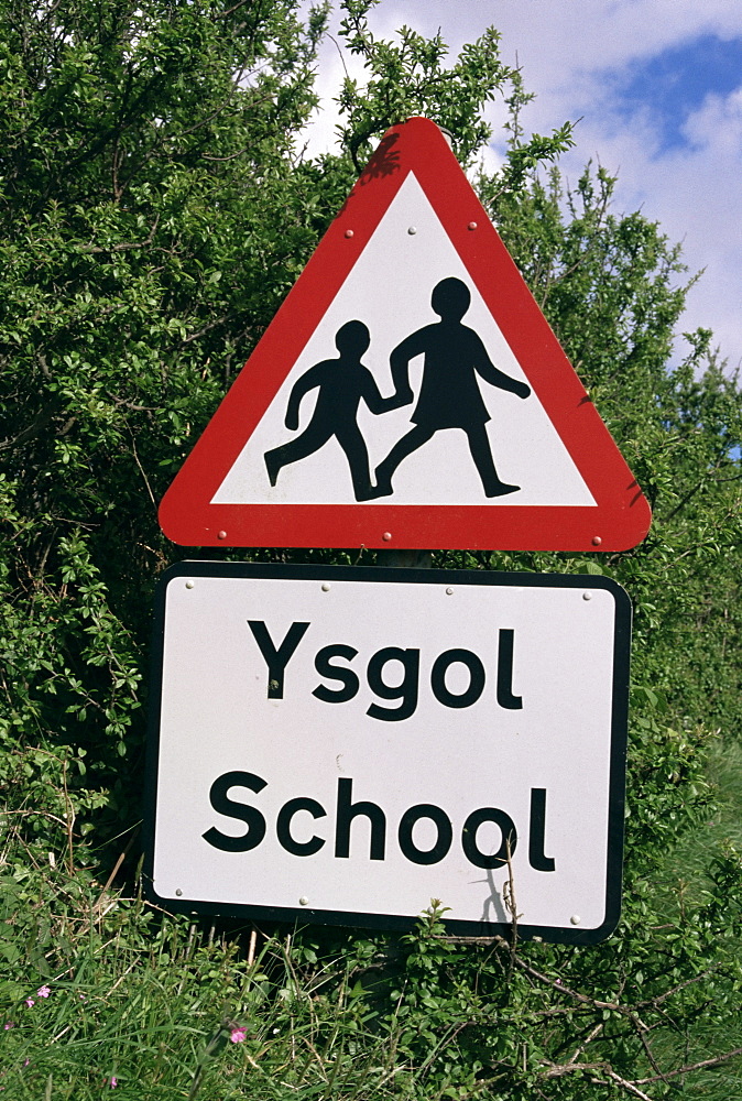 School sign in English and Welsh languages, Erwood, Powys, Wales, United Kingdom, Europe