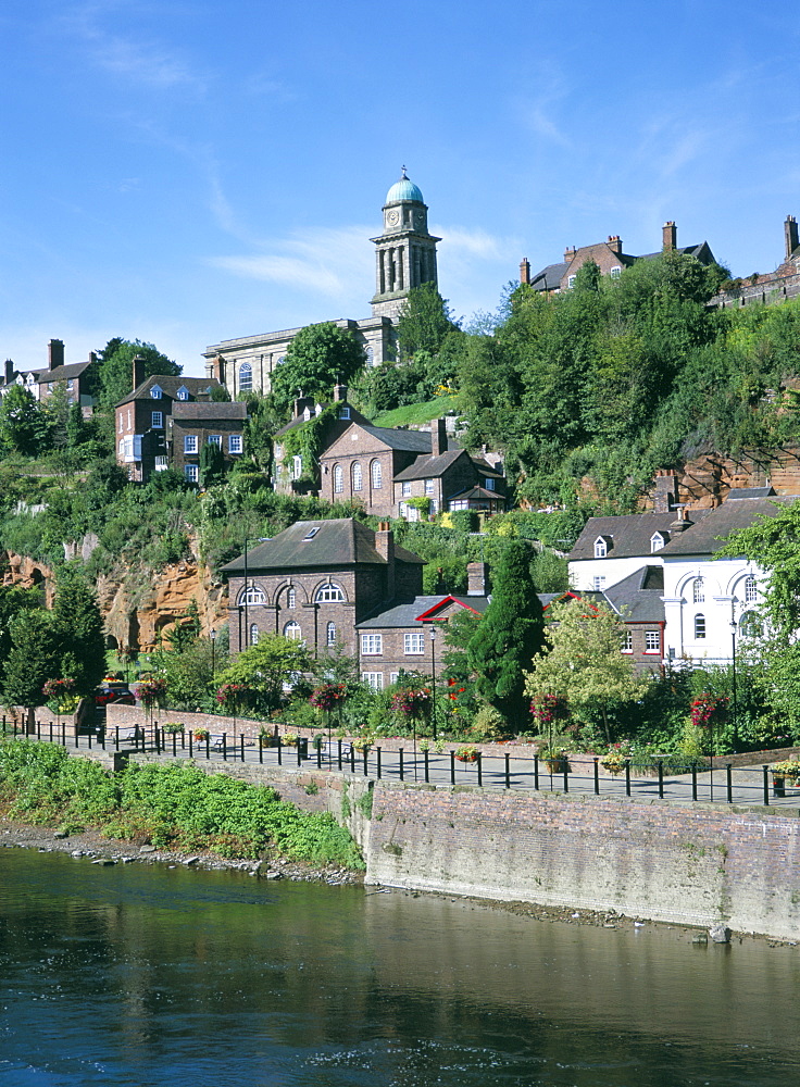 St. Mary's church and town from the River Severn, Bridgnorth, Shropshire, England, United Kingdom, Europe