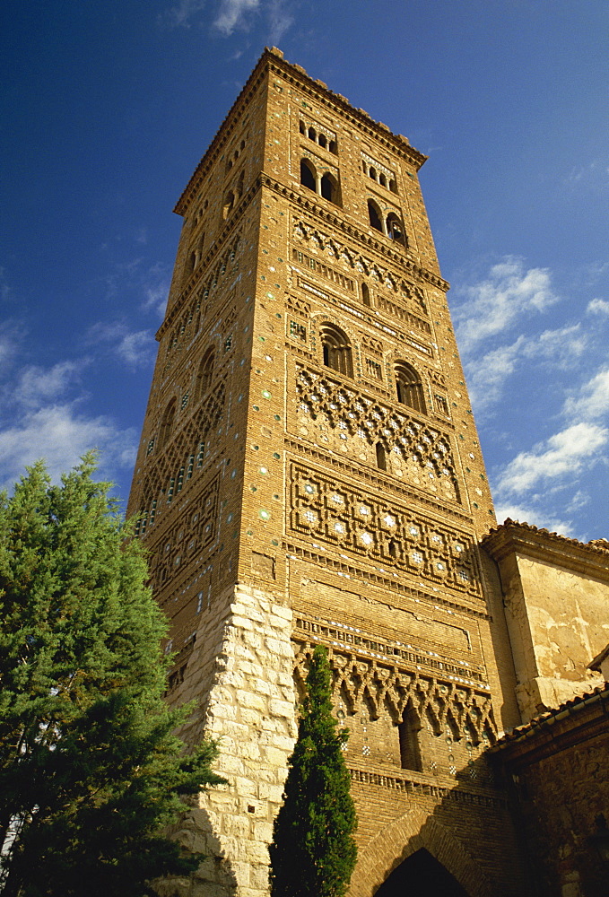 Low angle view of the exterior of a Mudejar Tower (Moorish architecture) in Teruel, Aragon, Spain, Europe