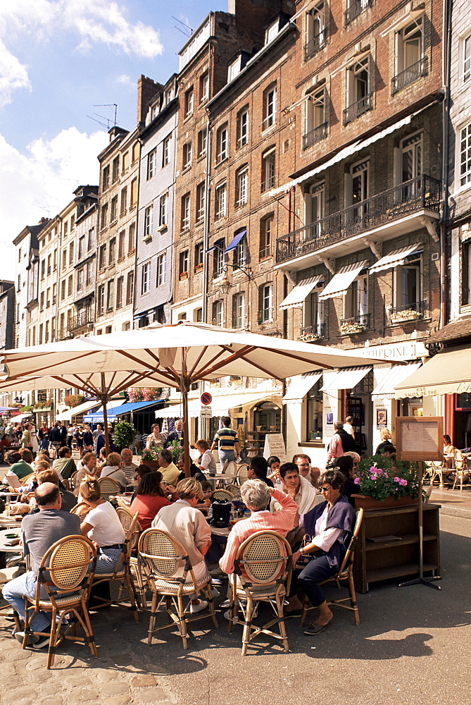 Quayside restaurants, Honfleur, Basse Normandie (Normandy), France, Europe