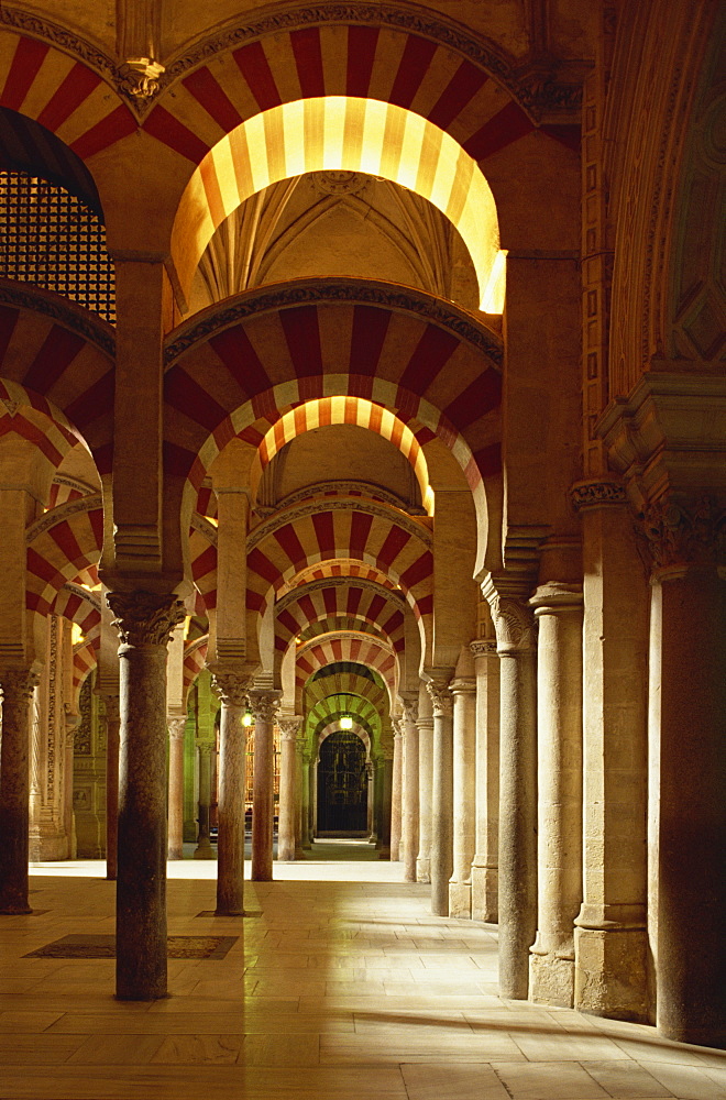 Interior of the Mezquita or Mosque at Cordoba, originally an Islamic building, now containing a Christian cathedral, UNESCO World Heritage Site, Cordoba, Andalucia (Andalusia), Spain, Europe