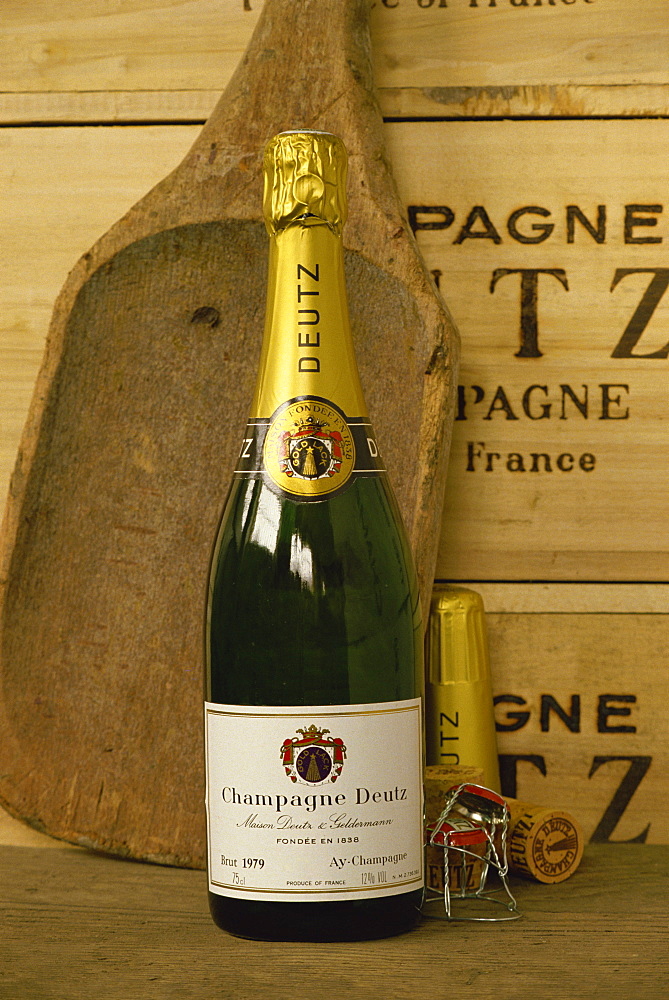 Close-up of a single bottle of Deutz champagne from Ay-en-Champagne, Ardennes, France, Europe