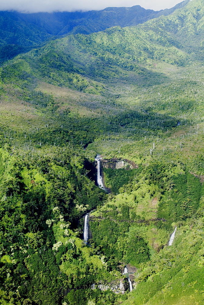 Aerial view of the interior of the island of Kauai, including Waimea Canyon, Hawaii, United States of America, North America