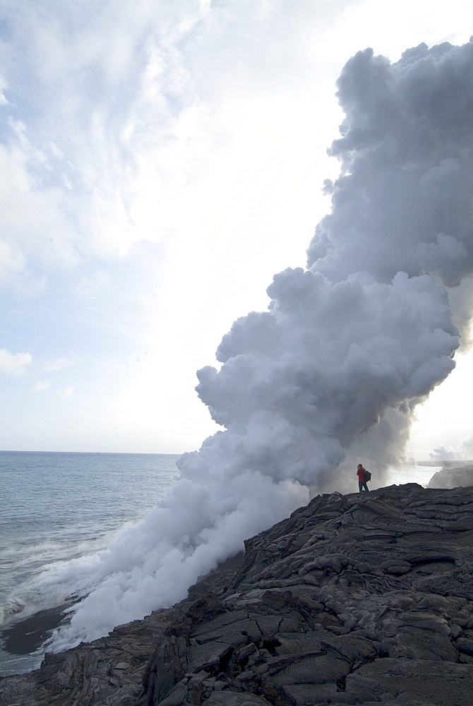 Plumes of steam where the lava reaches the sea, Kilauea Volcano, Hawaii Volcanoes National Park, UNESCO World Heritage Site, Island of Hawaii (Big Island), Hawaii, United States of America, Pacific, North America