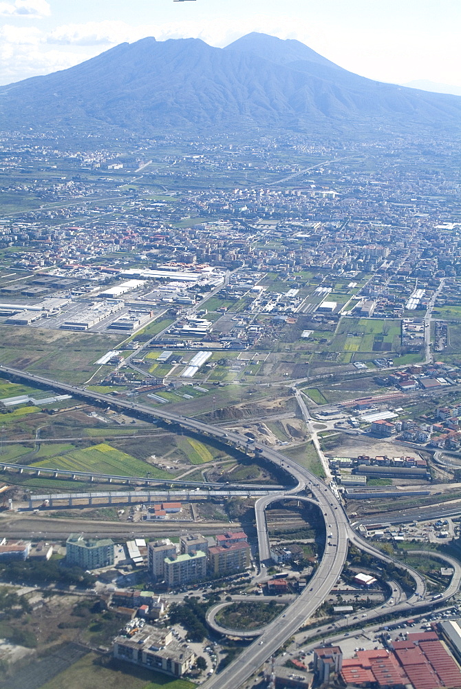 Aerial view of Naples with Mount Vesuvius behind, Campania, Italy, Europe