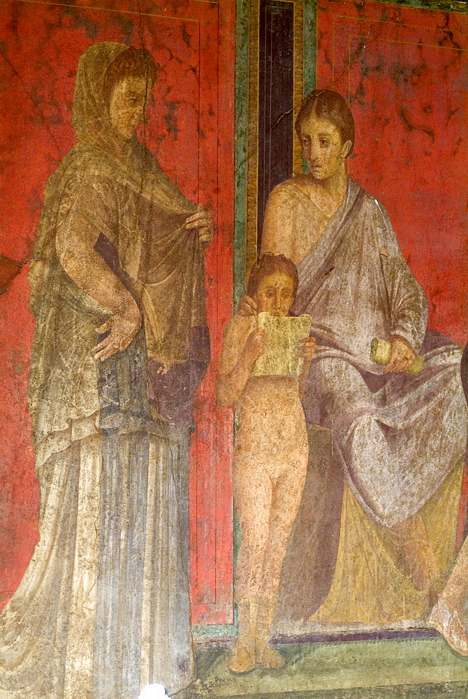 Fresco at the Villa dei Misteri, Pompeii, a large Roman town destroyed in 79AD by a volcanic eruption from Mount Vesuvius, UNESCO World Heritage Site, near Naples, Campania, Italy, Europe