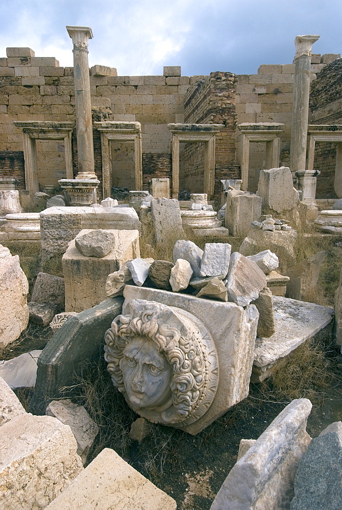 Severan Forum with gorgon head, Roman site of Leptis Magna, UNESCO World Heritage Site, Libya, North Africa, Africa