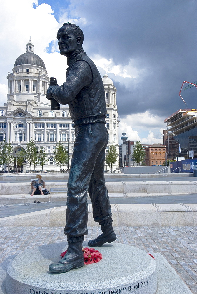 Statue by Tom Murphy, of Captain Frederick John Walker, noted World War II British Royal Navy officer, anti-submarine warfare commander and namesake for the whisky, near Albert Dock, Liverpool, Merseyside, England, United Kingdom, Europe