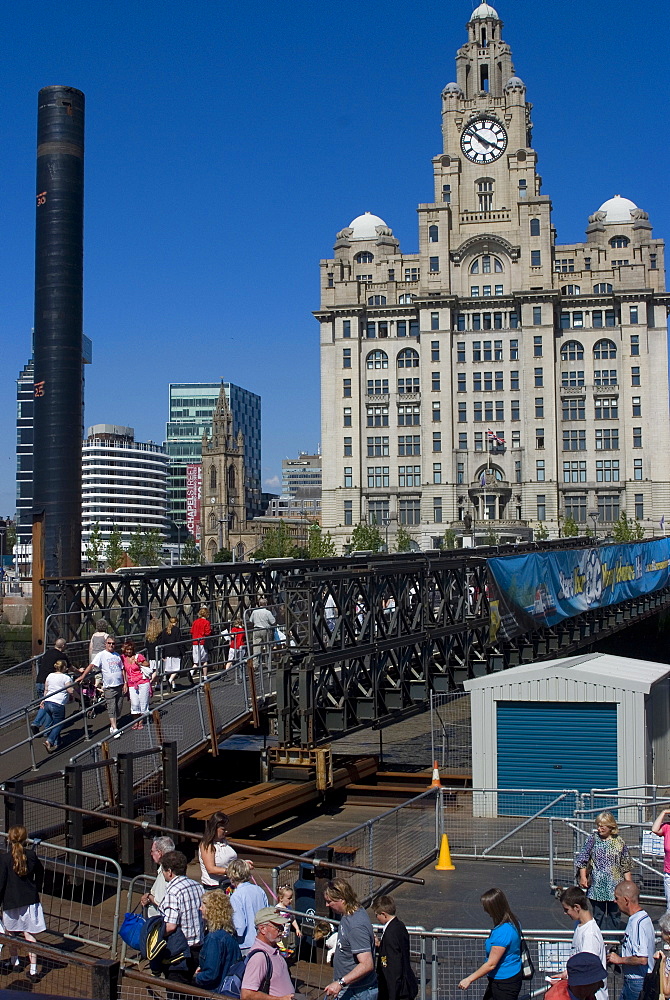 Passengers disembarking off the Mersey ferry, Liverpool, Merseyside, England, United Kingdom, Europe