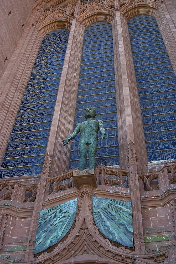 Statue in front of the entrance to Liverpool Anglican Cathedral, Liverpool, Merseyside, England, United Kingdom, Europe