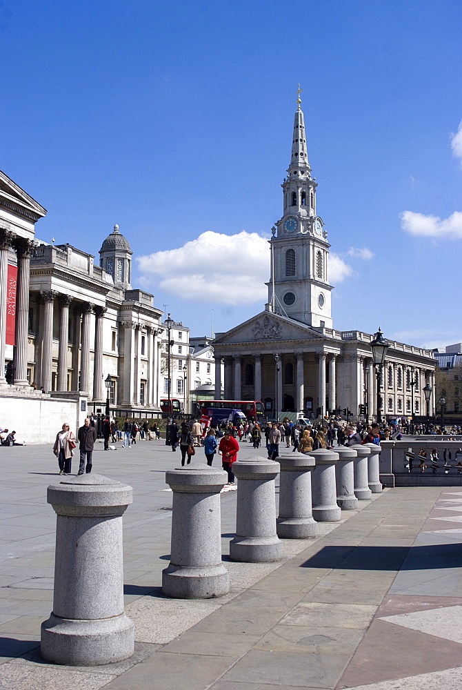 The pedestrian area in front of the National Gallery and St. Martin-in-the-Fields Church, Trafalgar Square, London, England, United Kingdom, Europe