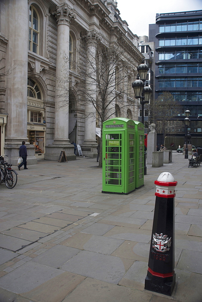 Green telephone box near the Bank of England, London, EC2, England, United Kingdom, Europe