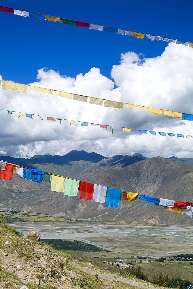 Prayer flags, Ganden Monastery, near Lhasa, Tibet, China, Asia