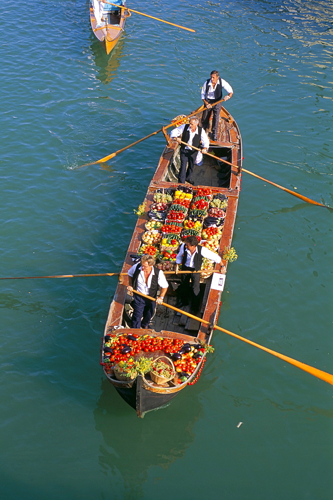 Fruit and vegetables carried on boat on canal, Venice, Veneto, Italy, Europe