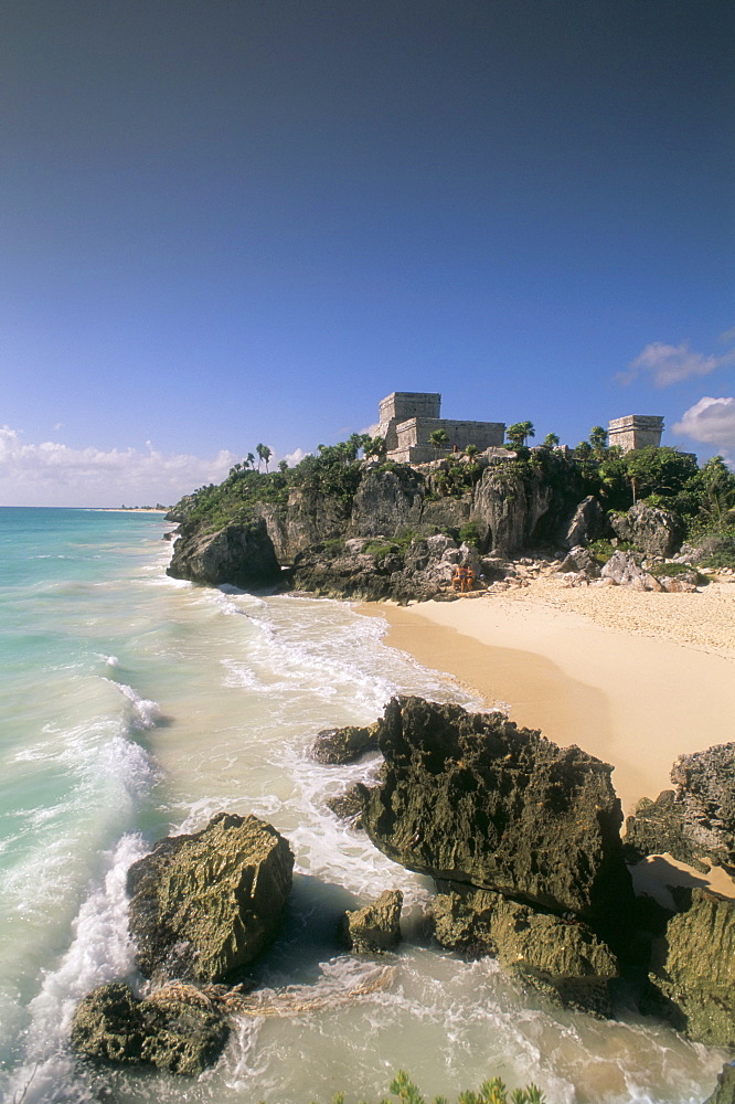 Beach and Mayan temple, Tulum, Yucatan, Mexico, North America