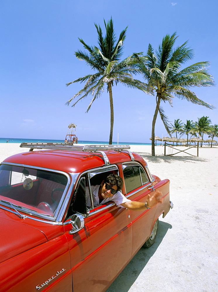 Old American car, Playa del Este (Beach of the East), Havana, Cuba, West Indies, Central America