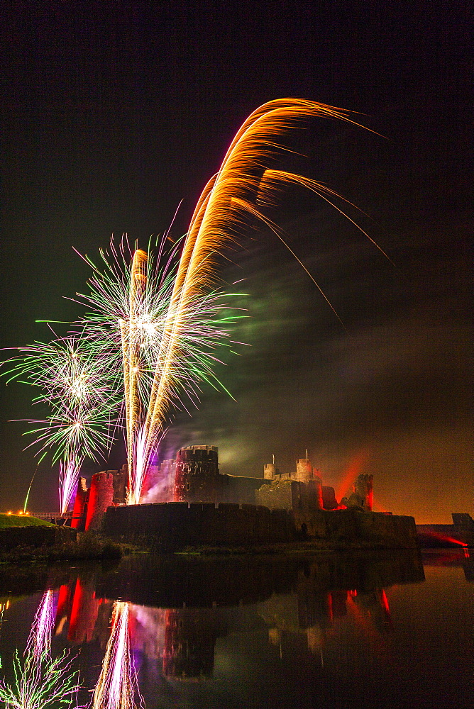 Fireworks, Caerphilly Castle, Caerphilly, South Wales, United Kingdom, Europe