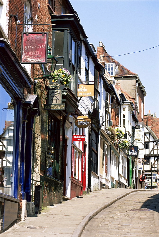 Shop signs, Steep Hill, Lincoln, Lincolnshire, England, United Kingdom, Europe