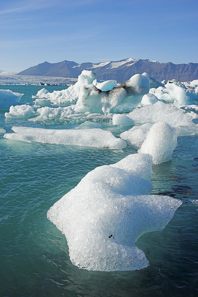 Icebergs in the glacial melt water lagoon, Jokulsarlon Breidamerkurjokull, South area, Iceland, Polar Regions