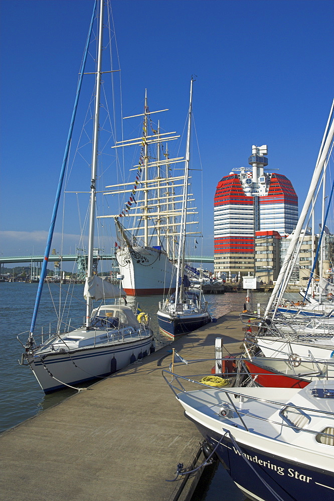 Yachts moored near the Uitken lookout in Gothenburg, Goteborg harbour, Sweden, Scandinavia, Europe