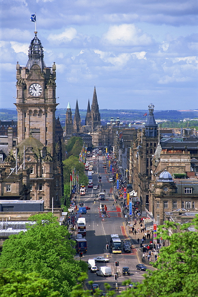 City skyline and high level view over Princes Street, city centre, Edinburgh, Lothian, Scotland, United Kingdom, Europe