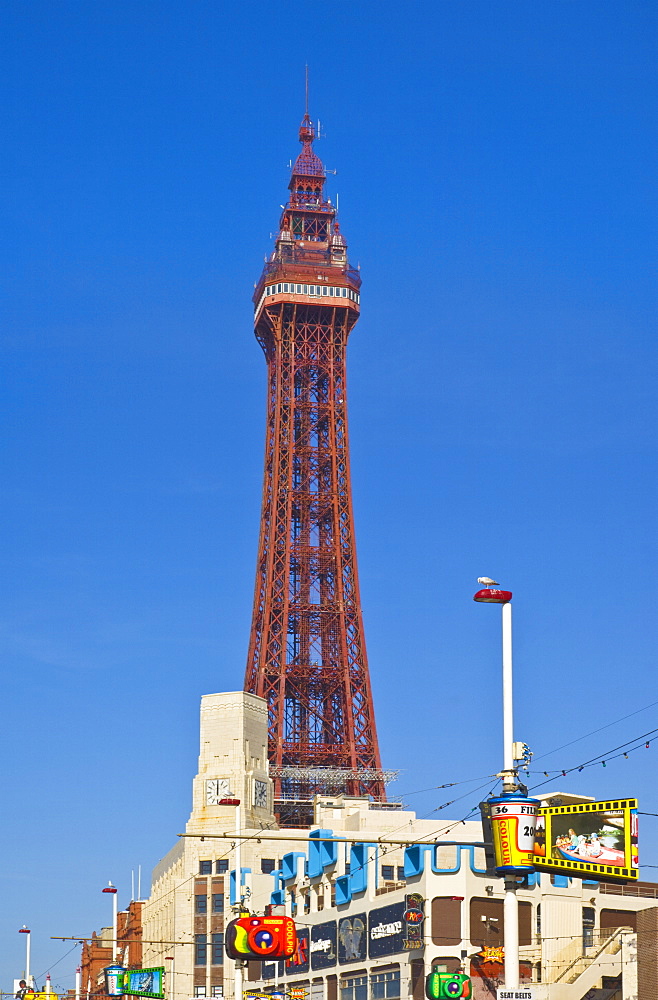 Blackpool tower and illuminations during the day, Blackpool, Lancashire, England, United Kingdom, Europe