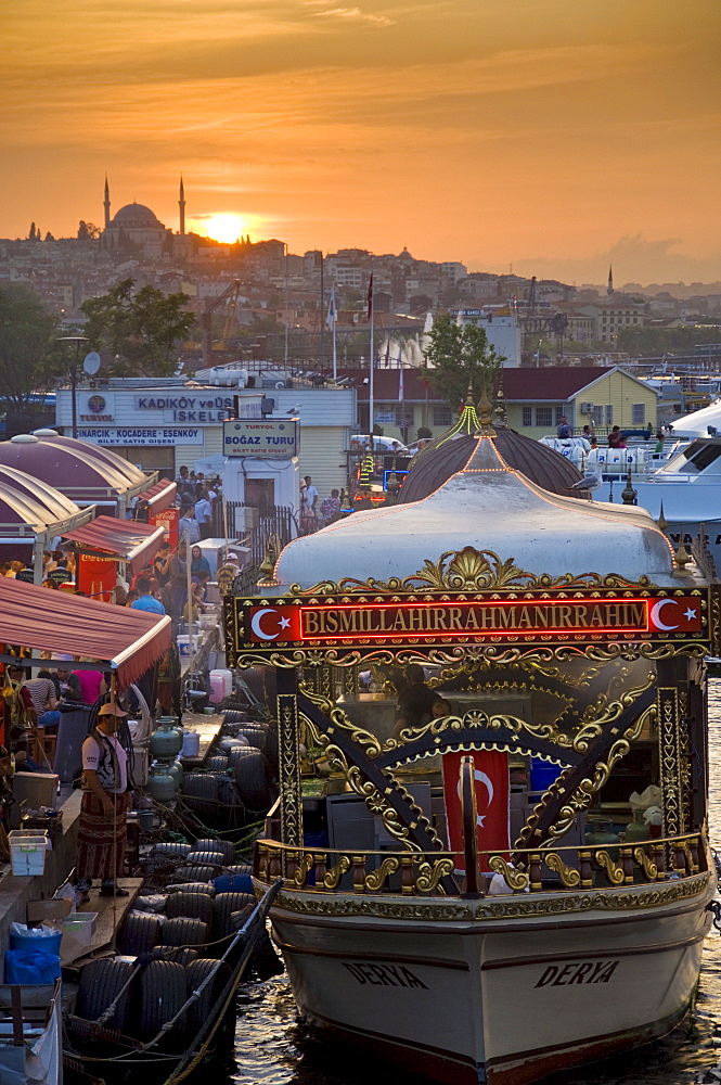 Traditional boats cooking and selling food, Eminonu, Galeta bridge, Istanbul, Turkey, Europe