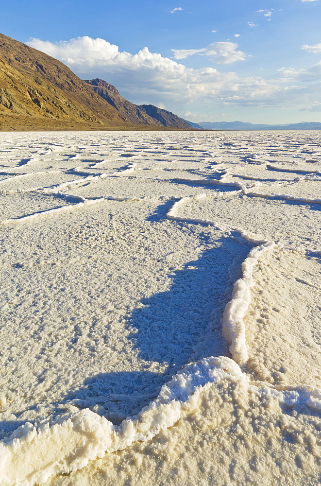 Salt pan polygons at Badwater Basin, 282ft below sea level and the lowest place in North America, Death Valley National Park, California, United States of America, North America