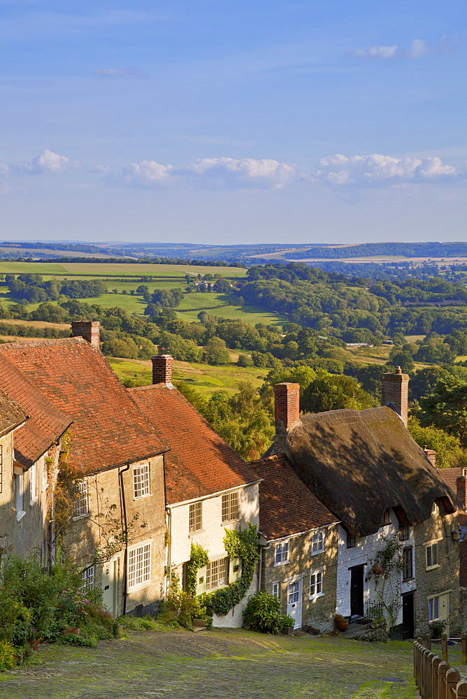 Gold Hill, and view over Blackmore Vale, Shaftesbury, Dorset, England, United Kingdom, Europe