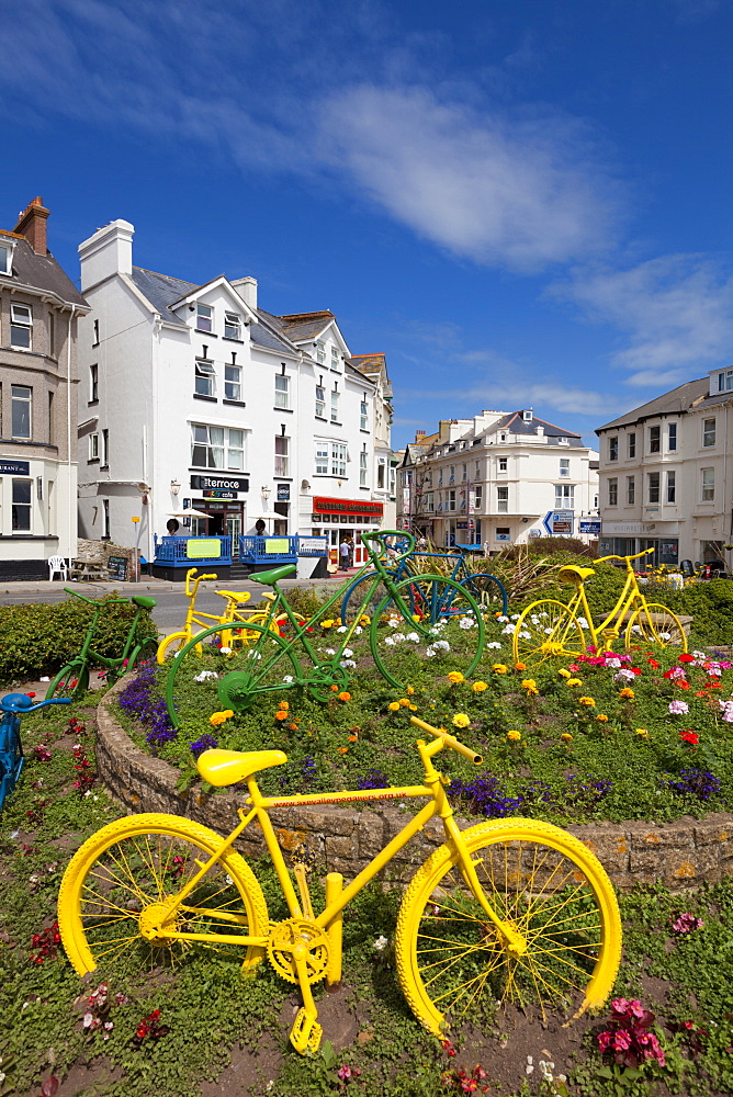 Traffic roundabout with painted bicycles, Seaton, Devon Heritage Coast, Devon, England, United Kingdom, Europe