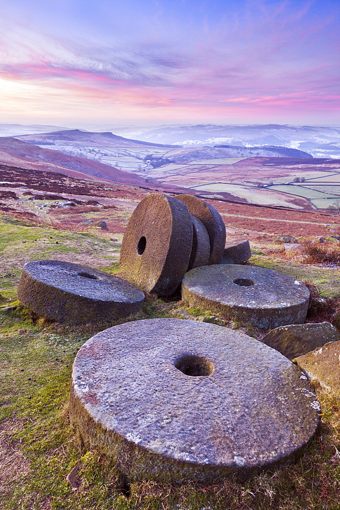 Stanage Edge wheelstones (millstones) and frosty winter moorland sunrise, Peak District National Park, Derbyshire, England, United Kingdom, Europe