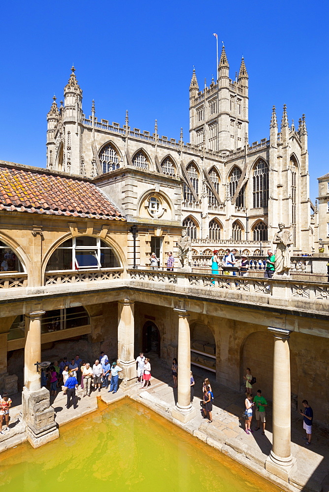 The Great Bath, Roman Baths with Bath Abbey behind, Bath, UNESCO World Heritage Site, Somerset, England, United Kingdom, Europe