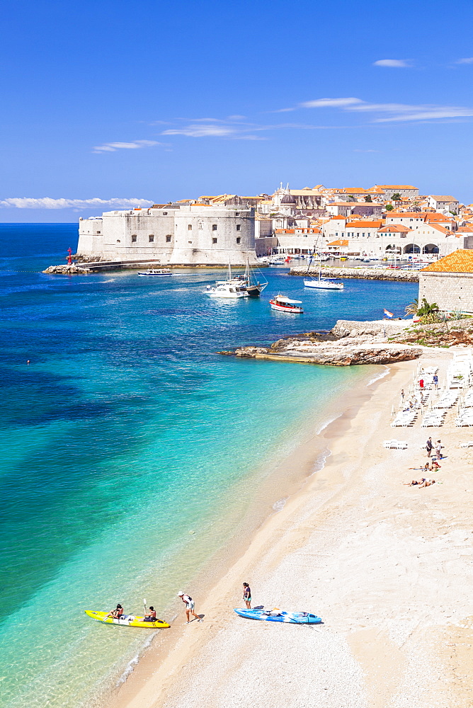 Banje beach, Old Port and Dubrovnik Old Town, Dalmatian coast, Dubrovnik, Croatia, EU, Europe