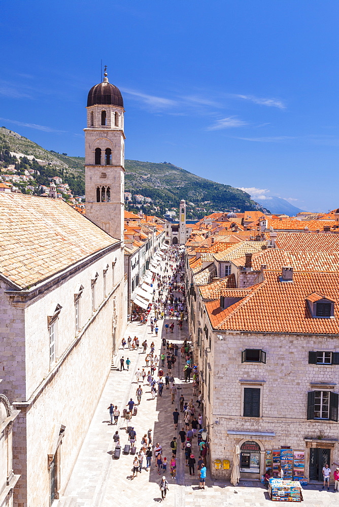 Rooftop view of Main Street Placa, Stradun, Dubrovnik Old Town, Dalmatian Coast, Dubrovnik, Croatia, EU, Europe