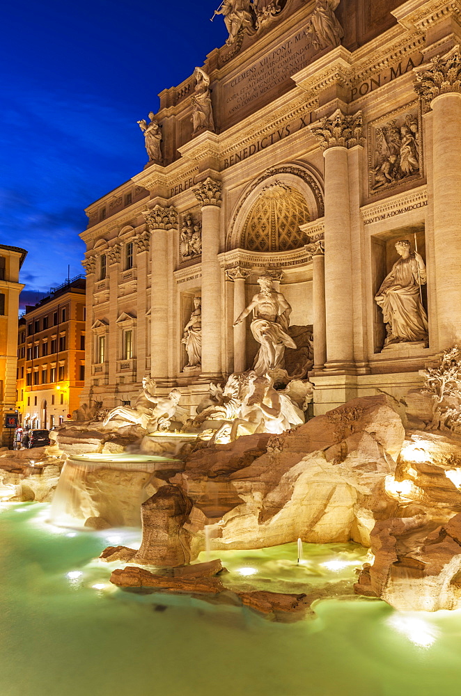 The Trevi Fountain backed by the Palazzo Poli at night, Rome, Lazio, Italy, Europe