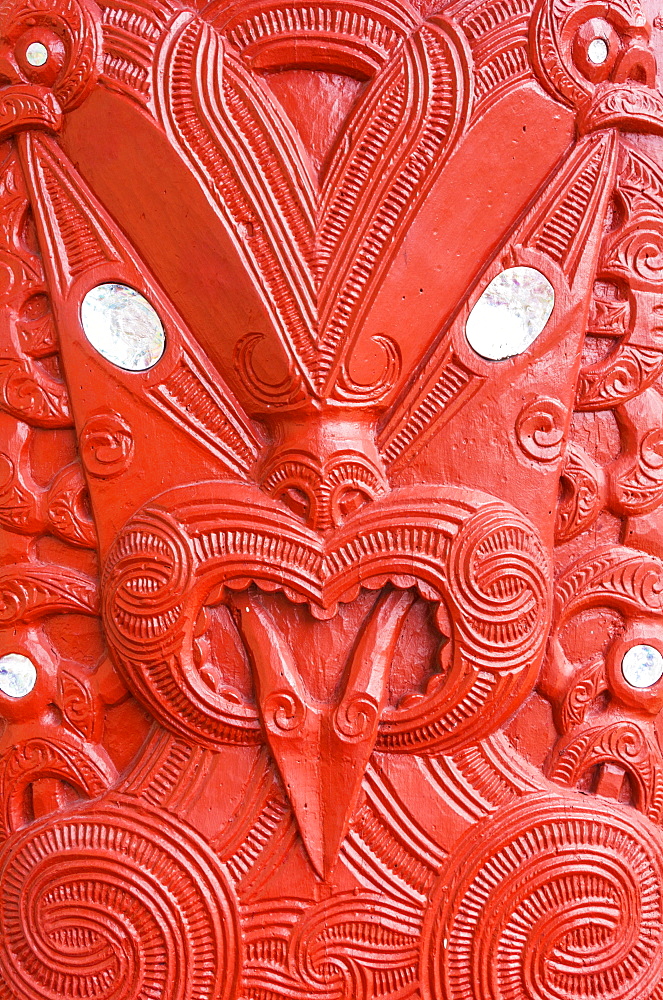 Red Maori carving, Marai meeting house, Whakarewarewa thermal village, Wahiao, Rotorua, North Island, New Zealand, Pacific