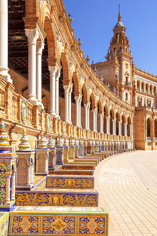 Ceramic tiles in the alcoves and arches of the Plaza de Espana, Maria Luisa Park, Seville, Andalusia, Spain, Europe