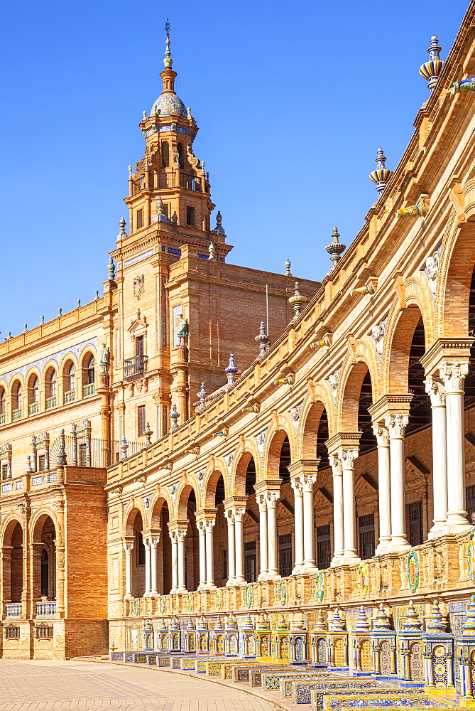 Ceramic alcoves and arches of the Plaza de Espana, Maria Luisa Park, Seville, Andalusia, Spain, Europe