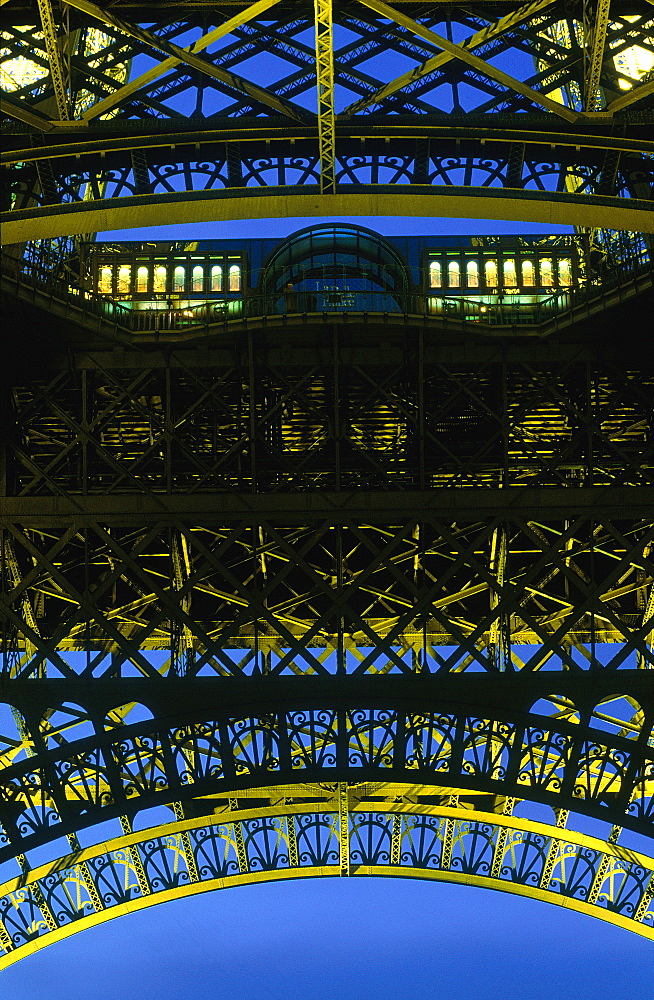 France, Paris, Eiffel Tower Seen From Below At Night