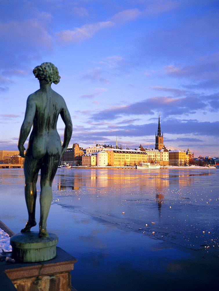 Statue and city skyline, Stockholm, Sweden, Scandinavia, Europe