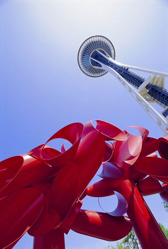 Modern sculpture and Space Needle, Seattle, Washington 