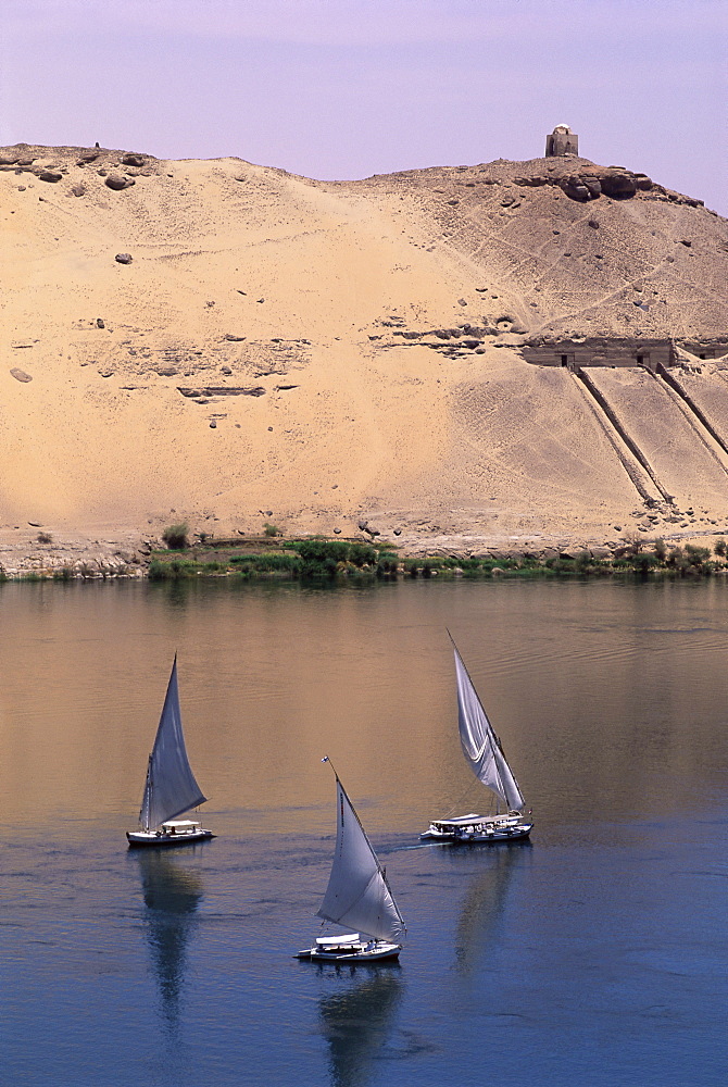 Three feluccas on the River Nile, Aswan, Nubia, Egypt, North Africa, Africa