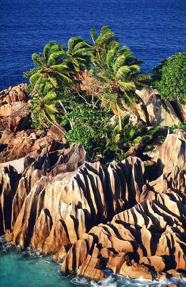 Aerial view over eroded rock formation, Praslin Island, Seychelles, Africa