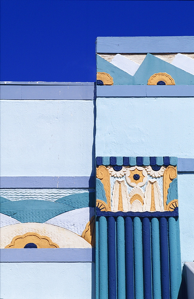 Detail of building facade in the Art Deco District, Miami Beach (South Beach), Miami, Florida, USA