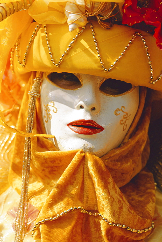 Person wearing masked carnival costume, Venice Carnival, Venice, Veneto, Italy