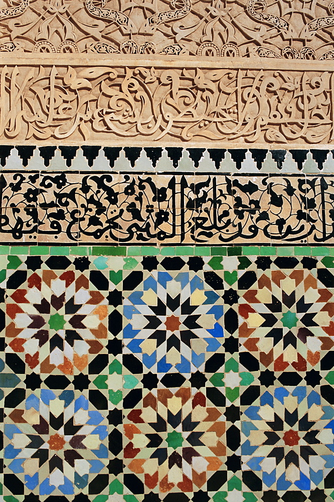 Tile and stucco decoration, Ali Ben Youssef Medersa, Marrakech (Marrakesh), Morocco, Africa