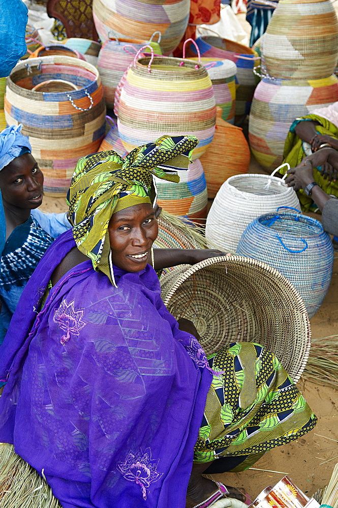 Market stall selling basketry near Thies, Senegal, West Africa, Africa