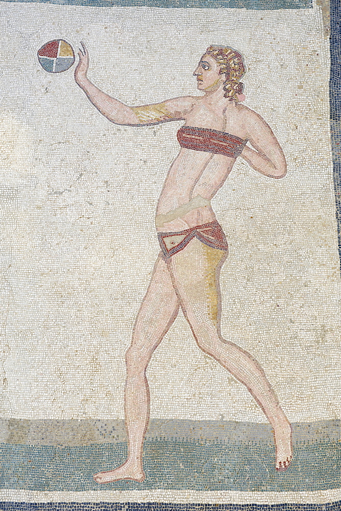 Mosaic of girls in bikinis, Villa Romana del Casale, Piazza Armerina, UNESCO World Heritage Site, Sicily, Italy, Europe 