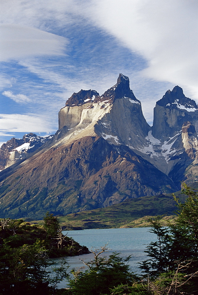 Cuernos del Paine (Horns of Paine) and Lake Pehoe, Torres del Paine National Park, Patagonia, Chile, South America